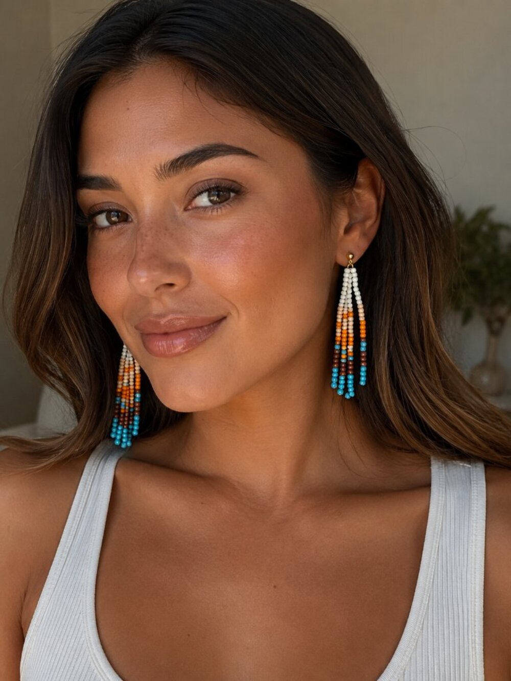 Handwoven Tassel fringe earrings with white, turquoise, orange and blue Boho